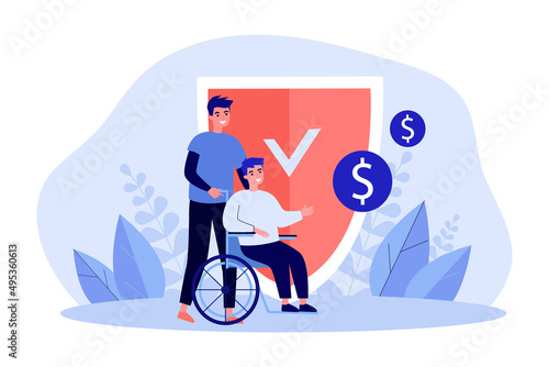 Welfare and money savings protection for people with disability. Man sitting in wheelchair near shield flat vector illustration. Pension concept for banner, website design or landing web page