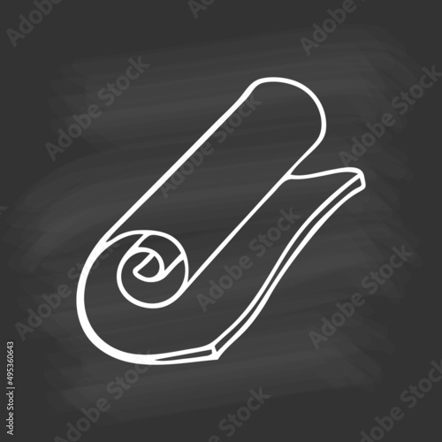 Single, hand drawn yoga mat on chalkboard. White outline on black background. Cute element in doodle style for card, social media banner, sticker, print, decoration kids playroom. Vector illustration