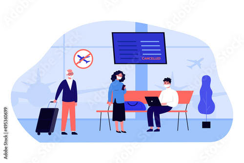 Passenger looking at airplanes schedule with cancelled flight. Announcement for people in international airport flat vector illustration. Travel concept for banner, website design or landing web page
