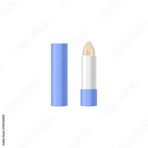 Lip balm or hygienic lipstick in blue container, vector illustration isolated.