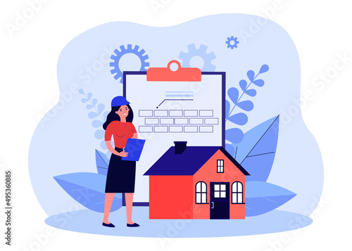 Expertise and inspection of real estate project by engineer. Tiny woman standing with house and document flat vector illustration. Paperwork concept for banner, website design or landing web page