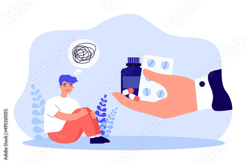Hand giving pills to sad man with confusion in head. Antidepressant saving tiny person from depression flat vector illustration. Medicine, stress concept for banner, website design or landing web page