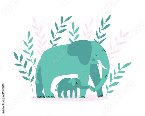 Vector flat illustration with cute elephants on a white background. Mother's Day greeting card