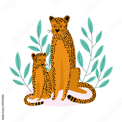 Vector flat illustration with cute leopards on a white background. Mother's Day greeting card