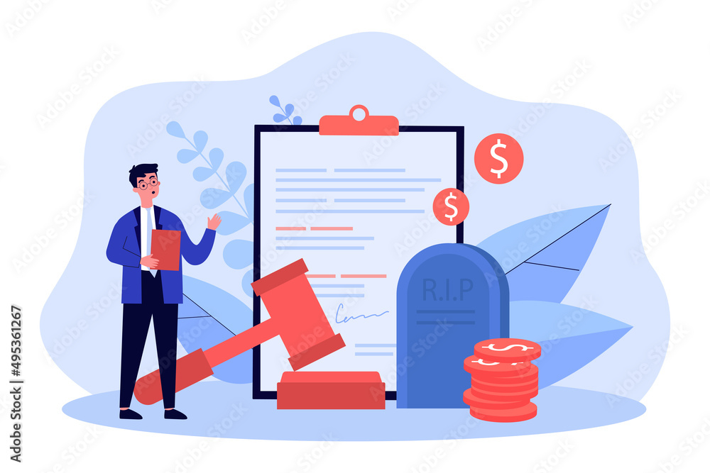 Attorney working with act of inheritance and testament. Tiny man