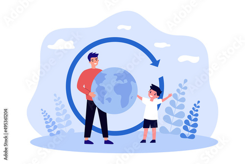 Father turning Earth globe to show son travel locations. Hands of man rotating planet in circle flat vector illustration. Journey, trip, tourism concept for banner, website design or landing web page