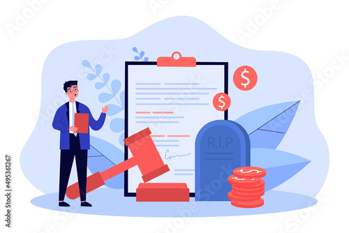 Attorney working with act of inheritance and testament. Tiny man standing near tombstone, document and gavel flat vector illustration. Legacy concept for banner, website design or landing web page photo