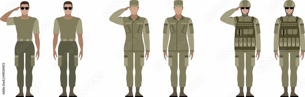 Woman in military uniform. Flat vector illustration of a soldier salute. - obrazy, fototapety, plakaty 