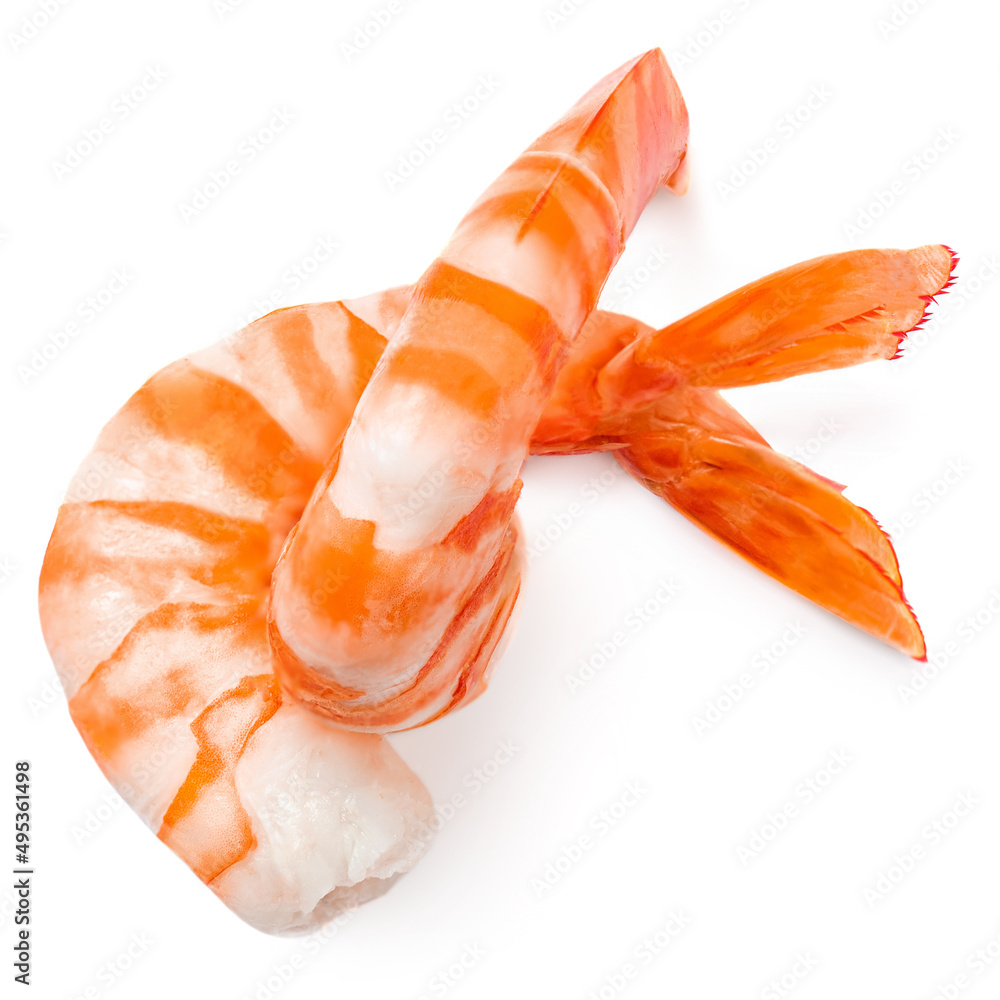 King prawn or shrimp isolated on white background. Peeled shrimp closeup. Seafood concept King prawn or shrimp isolated on white background. Peeled shrimp closeup. Seafood concept