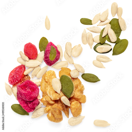 Nuts and sunflower seeds isolated on  white background. Creative layout made of granola Flat lay.