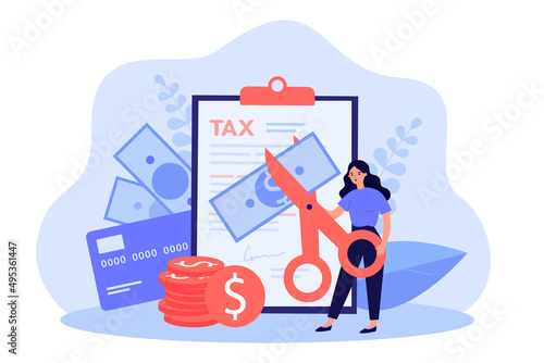 Employee holding scissors to cut banknotes. Reduction of income due to tax deduction for tiny woman flat vector illustration. Taxation, debt concept for banner, website design or landing web page
