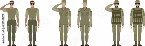 Woman in military uniform. Flat vector illustration of a soldier salute.