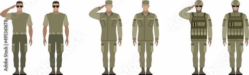 Man in military uniform. Flat vector illustration of a soldier salute.