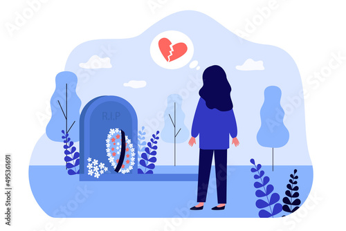 Cemetery visit by sad girl with broken heart. Depressed woman standing near tombstone of grave flat vector illustration. Death, funeral service concept for banner, website design or landing web page