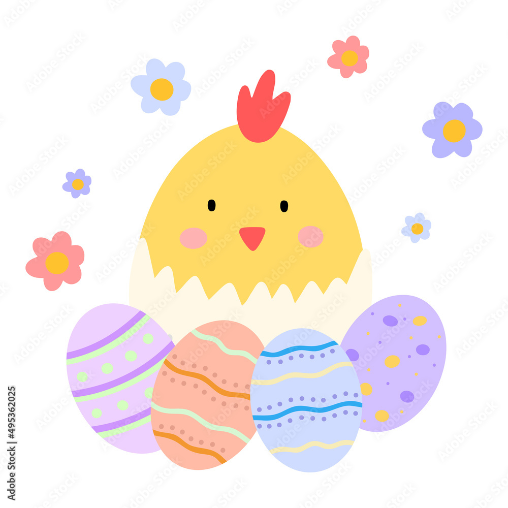 ute Easter vector card. Easter chick and easter eggs Illustration in scandinavian style for Card, Greeting, Banner. ute Easter vector card. Easter chick and easter eggs Illustration in scandinavian style for Card, Greeting, Banner.