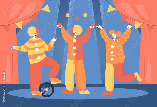 Cartoon clowns or jugglers performing at circus show. Circus poster or wallpaper, with comedian or joker characters on arena flat vector illustration. Comedy, circus, entertainment concept for banner
