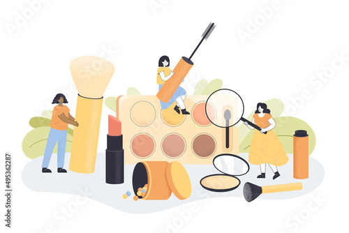 Tiny female characters with makeup in beautician workshop. Cartoon women testing skincare products, makeup school, courses, skin treatment in salon flat vector illustration. Beauty, cosmetics concept