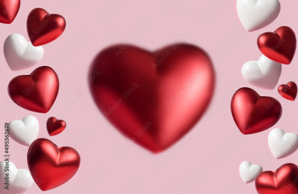 festive pink background with red and white color heart symbols.