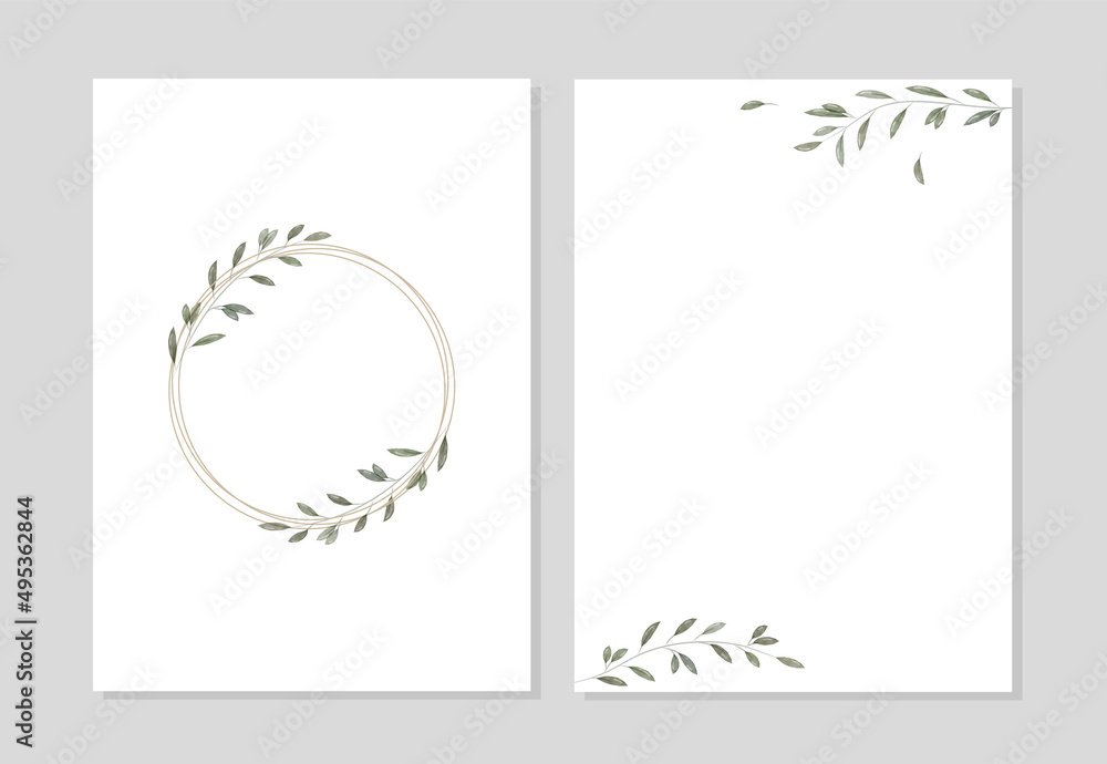 Modern wedding invitation template in minimalistic, rustic and watercolor style. Card design with frame, watercolor leaves and branches. Vector