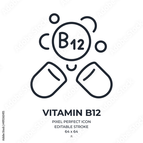 Vitamin B12 cobalamin capsule editable stroke outline icon isolated on white background flat vector illustration. Pixel perfect. 64 x 64.