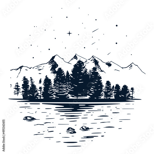 Vector illustration of mountain and river scenery