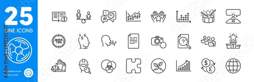 Outline icons set. Dot plot, Puzzle and Financial diagram icons. Winner podium, Globe, Graph chart web elements. Teamwork, Ranking, Recovery photo signs. Equity, Court jury, Inspect. Vector