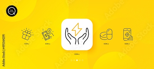 Gift, Seo phone and Payment method minimal line icons. Yellow abstract background. Medical drugs, Safe energy icons. For web, application, printing. Marketing box, Search engine, Give money. Vector