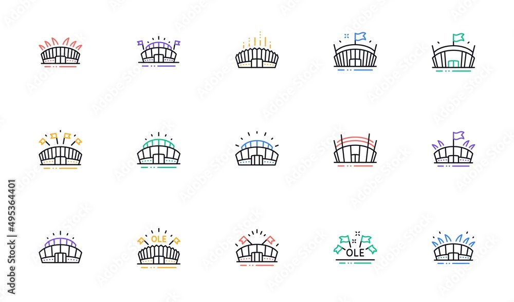 Sports stadium line icons. Ole chant, arena football, championship architecture. Arena stadium, sports competition, event flag icons. Sport complex linear set. Bicolor outline web elements. Vector