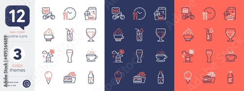 Set of Beer glass, Food order and Ice cream line icons. Include Food delivery, Coffee cup, Cappuccino cream icons. Water bottle, Wine glass, Alcohol addiction web elements. Burger. Vector