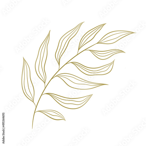 Golden line abstract hand-drawn branch with leaves, wedding design, sketch.