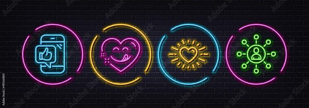 Mobile like, Heart and Yummy smile minimal line icons. Neon laser 3d lights. Networking icons. For web, application, printing. Phone thumbs up, Love, Comic heart. Business communication. Vector Mobile like, Heart and Yummy smile minimal line icons. Neon laser 3d lights. Networking icons. For web, application, printing. Phone thumbs up, Love, Comic heart. Business communication. Vector