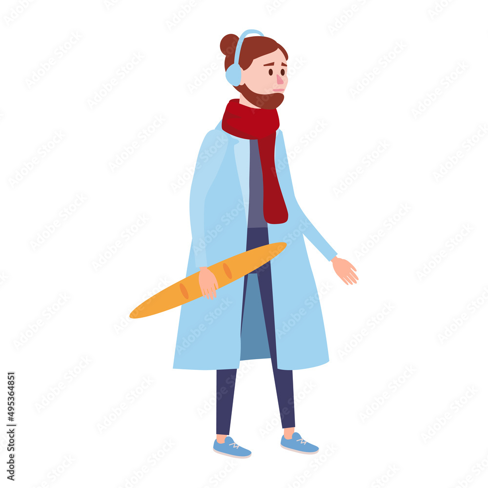 Young Man with baguette, winter cold weather clothes, hat warm coat, scarf, boots. Cartoon flat style Young Man with baguette, winter cold weather clothes, hat warm coat, scarf, boots. Cartoon flat style