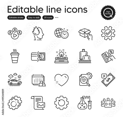 Set of Business outline icons. Contains icons as Credit card, Car travel and Settings gears elements. Hold box, Heart, Takeaway web signs. Recovery gear, Stress, Payment methods elements. Vector