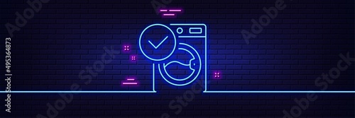 Neon light glow effect. Washing machine line icon. Wash laundry sign. Washable cleaner symbol. 3d line neon glow icon. Brick wall banner. Washing machine outline. Vector