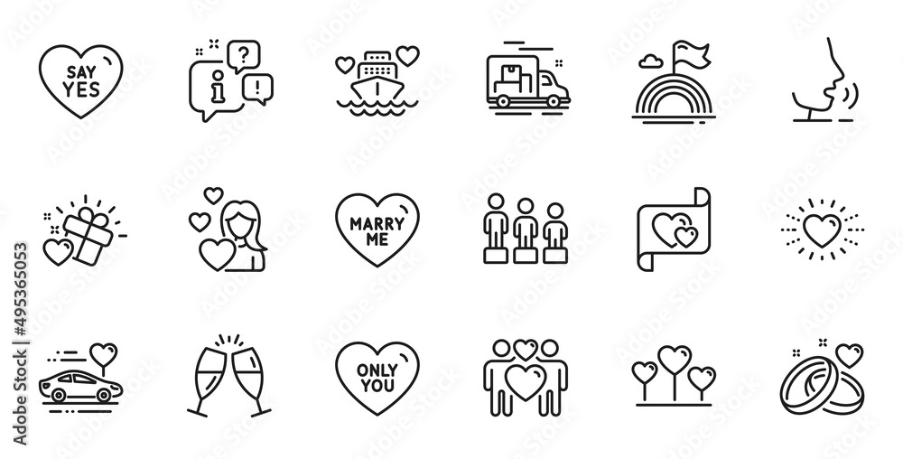 Outline set of Marriage rings, Love and Love couple line icons for web application. Talk, information, delivery truck outline icon. Include Heart, Equality, Only you icons. Vector