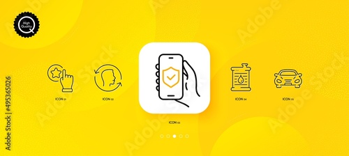 Car, Rate button and Face id minimal line icons. Yellow abstract background. Oil barrel, Security app icons. For web, application, printing. Transport, Favorite, Identification system. Vector