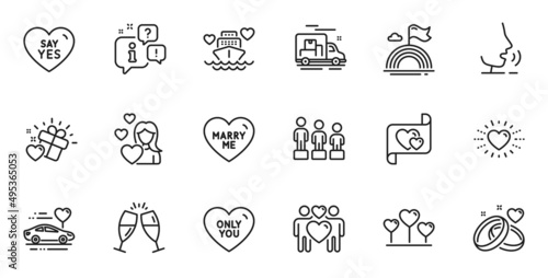 Outline set of Marriage rings, Love and Love couple line icons for web application. Talk, information, delivery truck outline icon. Include Heart, Equality, Only you icons. Vector