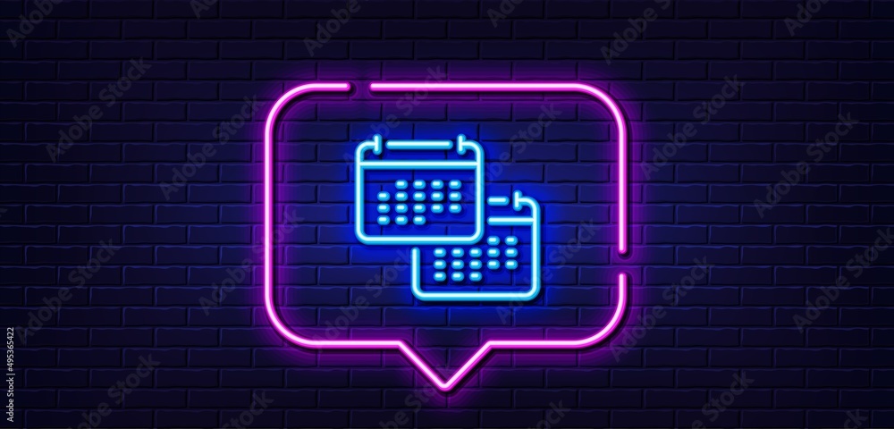 Neon light speech bubble. Calendar line icon. Annual planner sign. Change event schedule symbol. Neon light background. Calendar glow line. Brick wall banner. Vector Neon light speech bubble. Calendar line icon. Annual planner sign. Change event schedule symbol. Neon light background. Calendar glow line. Brick wall banner. Vector