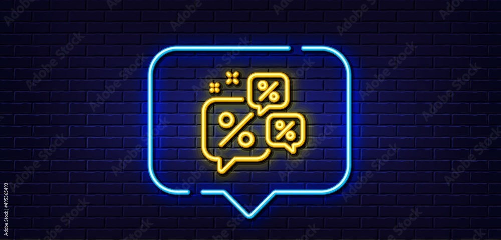 Neon light speech bubble. Discounts chat bubbles line icon. Sale offer sign. Promotion price symbol. Neon light background. Discounts chat glow line. Brick wall banner. Vector Neon light speech bubble. Discounts chat bubbles line icon. Sale offer sign. Promotion price symbol. Neon light background. Discounts chat glow line. Brick wall banner. Vector