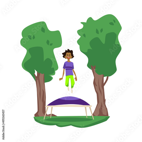 Kid boy jumping on trampoline between trees flat vector illustration isolated.