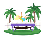 Girl has fun jumping on trampoline on beach, flat vector illustration on white.