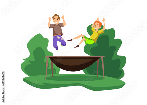 Kids having fun jumping on trampoline in park flat vector illustration isolated.