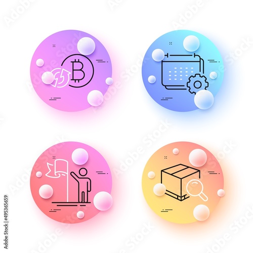 Calendar, Leadership and Refresh bitcoin minimal line icons. 3d spheres or balls buttons. Search package icons. For web, application, printing. Vector