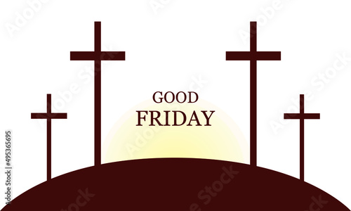 Good Friday banner, Jesus Christ cross sign. Holy Good Friday eve sunset background.