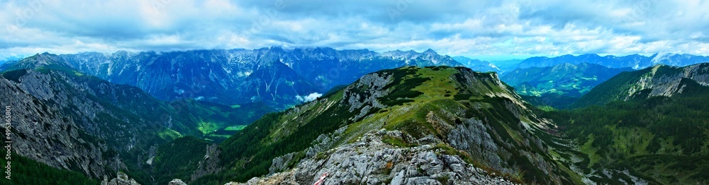 Austrian Alps - panoramic view from the footpath of the Schafkögel to the Schrocken mountain near Hinterstoder in Totes Gebirge