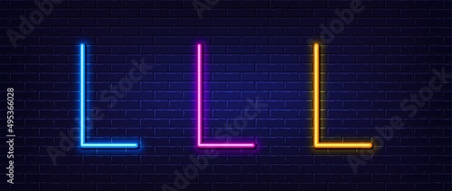 Initial letter L icon. Neon light line effect. Line typography character sign. Large first font letter. Glowing neon light element. Letter L glow 3d line. Brick wall banner. Vector
