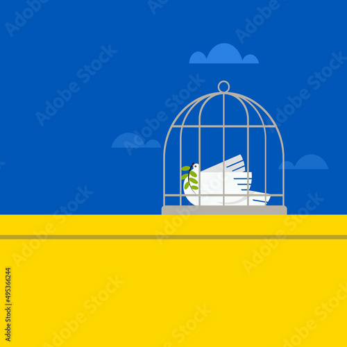 Conceptual illustration of a white dove, symbol of peace, inside a cage