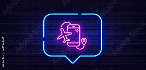Neon light speech bubble. Flights application line icon. Airplane phone app sign. Airport information symbol. Neon light background. Flights application glow line. Brick wall banner. Vector