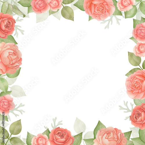 Watercolor hand drawn floral frame with Roses and Leaves. Botanical illustration isolated on a white background. Lovely pink flowers square background. Lovely wedding flower invitation.