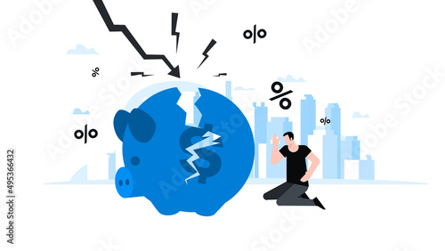 Stressed person sitting at broken piggy bank. Animation ready duik friendly vector. Conceptual business story. Financial crisis, economic recession, bankruptcy, depression.